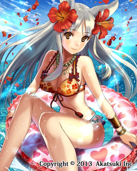 Anime picture 2000x2500 with original gaou (umaiyo puyoman) single long hair tall image looking at viewer blush highres light erotic brown eyes animal ears sky silver hair cloud (clouds) hair flower girl flower (flowers) swimsuit petals choker