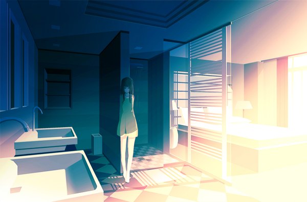 Anime picture 1400x926 with original rery rr23 single long hair black hair eyes closed barefoot sunlight shadow hands behind back checkered floor against wall girl dress bed wall room seashell
