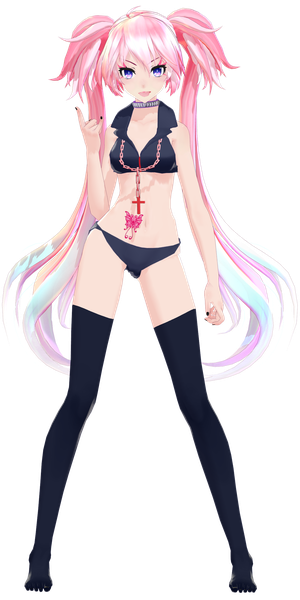 Anime picture 1250x2500 with vocaloid hatsune miku crystallyna single long hair tall image blush fringe open mouth light erotic standing purple eyes twintails bare shoulders pink hair nail polish bare belly no shoes girl thighhighs