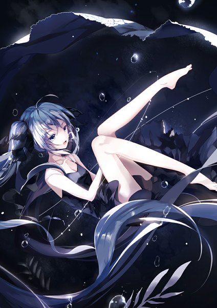 Anime picture 800x1131 with vocaloid shinkai shoujo (vocaloid) hatsune miku la (artist) single long hair tall image open mouth twintails blue hair grey eyes underwater girl dress ribbon (ribbons) plant (plants) hair ribbon bubble (bubbles)