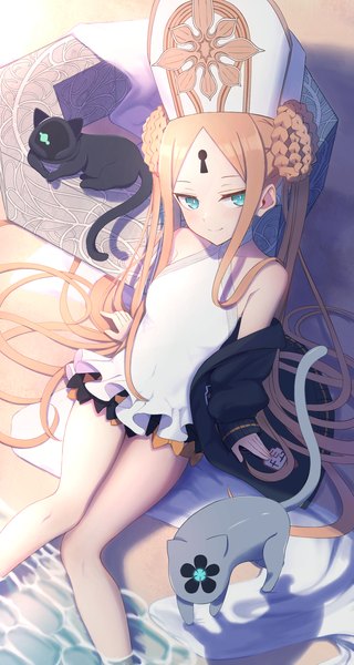 Anime picture 1141x2137 with fate (series) fate/grand order abigail williams (fate) abigail williams (swimsuit foreigner) (fate) akazaki yukino single tall image looking at viewer blonde hair smile sitting twintails very long hair aqua eyes from above hair bun (hair buns) soaking feet knees together feet apart braided bun girl