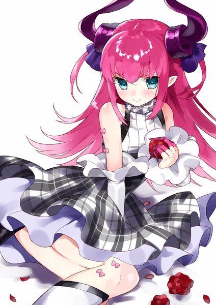 Anime picture 1041x1473 with fate (series) fate/extra fate/extra ccc elizabeth bathory (fate) (all) elizabeth bathory (fate) hasegawa (rarairairai) single long hair tall image looking at viewer blush fringe simple background smile hair between eyes white background sitting bare shoulders payot pink hair