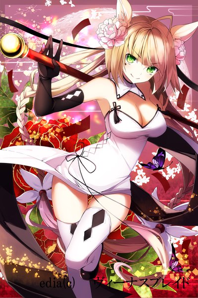 Anime picture 800x1200 with original yuuki kira single tall image breasts light erotic blonde hair large breasts standing green eyes signed animal ears ahoge bent knee (knees) braid (braids) very long hair traditional clothes head tilt hair flower official art