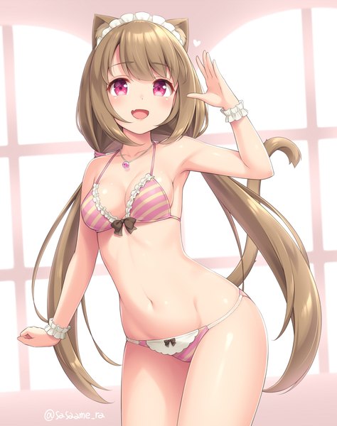 Anime picture 830x1050 with original sasaame single long hair tall image looking at viewer blush fringe breasts open mouth light erotic smile brown hair standing twintails signed animal ears cleavage tail :d