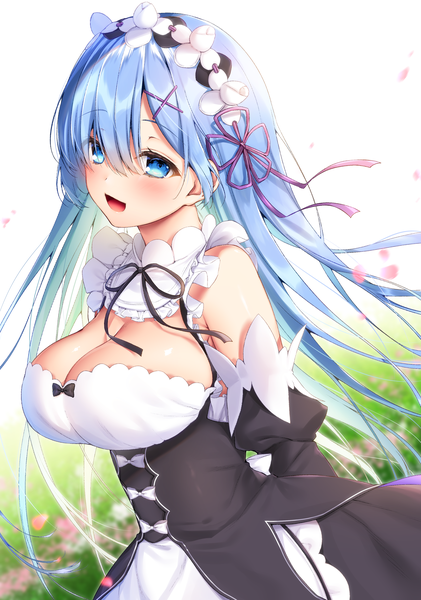 Anime picture 2459x3501 with re:zero kara hajimeru isekai seikatsu white fox rem (re:zero) navy (navy.blue) single long hair tall image looking at viewer blush fringe highres breasts open mouth blue eyes light erotic simple background smile large breasts standing white background