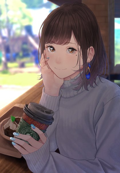 Anime picture 1668x2388 with original saitou (lynx-shrike) single tall image looking at viewer fringe short hair smile brown hair holding brown eyes upper body outdoors blunt bangs long sleeves nail polish blurry mole depth of field mole under eye