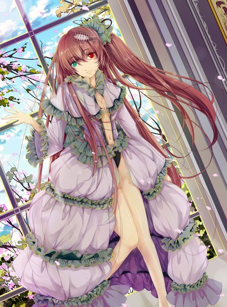 Anime picture 1122x1512 with vocaloid bacterial contamination (vocaloid) calcium hongmao single long hair tall image looking at viewer brown hair heterochromia girl dress hair ornament flower (flowers) petals frills