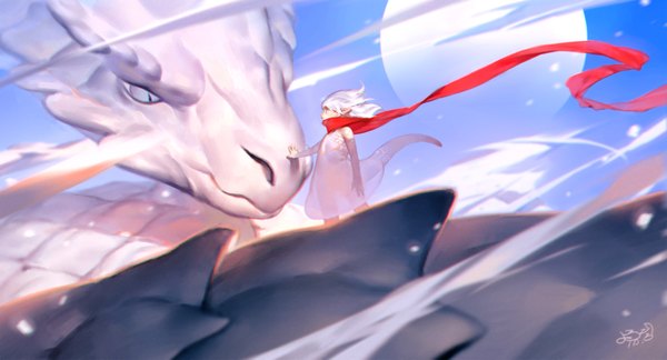 Anime picture 3200x1730 with original yotsuyu single long hair highres blue eyes wide image standing signed white hair tail profile wind pointy ears fantasy dragon girl girl dress white dress scarf