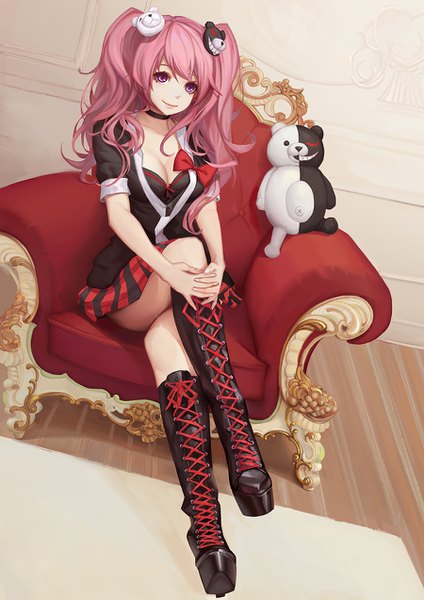 Anime picture 900x1273 with dangan ronpa enoshima junko monokuma youxuemingdie long hair tall image fringe light erotic smile sitting twintails looking away pink hair full body bent knee (knees) indoors pleated skirt crossed legs wavy hair striped