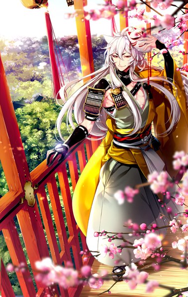 Anime picture 948x1500 with touken ranbu nitroplus kogitsunemaru soulberry (ayano) long hair tall image looking at viewer fringe smile hair between eyes red eyes standing holding ahoge white hair traditional clothes japanese clothes arm up blurry wide sleeves