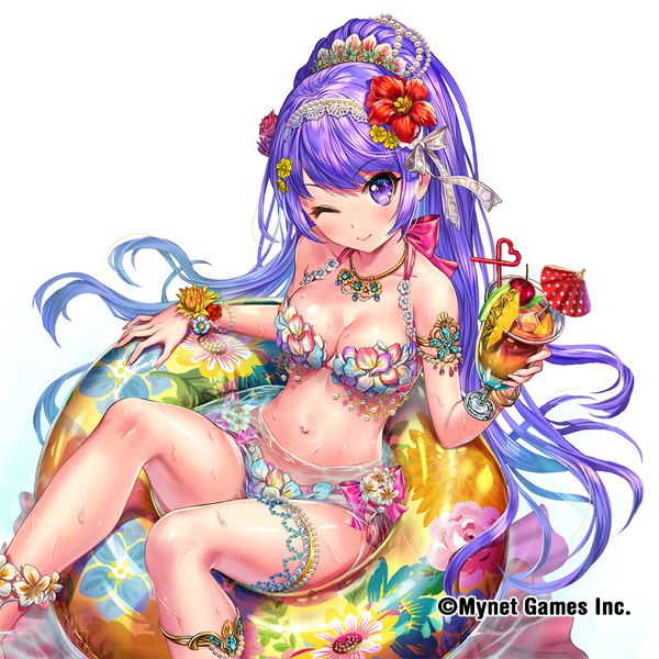 Anime picture 1000x1000 with sangoku infinity esphy single long hair looking at viewer blush fringe breasts light erotic simple background white background sitting bare shoulders holding cleavage purple hair ponytail one eye closed multicolored hair hair flower