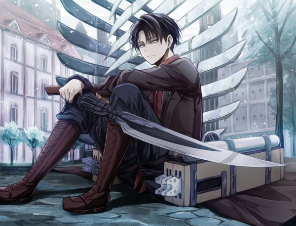 Anime picture 1365x1040 with shingeki no kyojin production i.g levi (rivaille) angel31424 short hair blue eyes black hair sitting holding looking away boy weapon plant (plants) sword tree (trees) building (buildings) knee boots