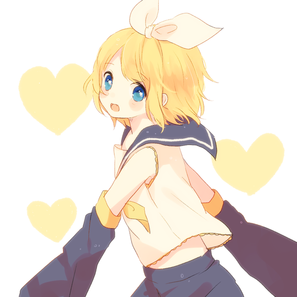 Anime picture 1000x1000 with vocaloid kagamine rin yuusa (natumikan122) single looking at viewer blush short hair open mouth blue eyes blonde hair white background upper body fang (fangs) sailor collar girl bow hair bow detached sleeves heart