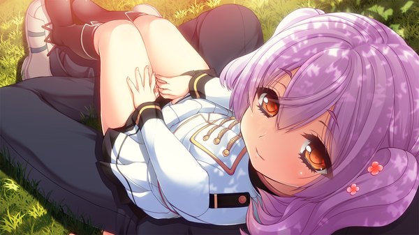 Anime picture 1280x720 with gun knight girl nanami renka sumeragi kohaku short hair red eyes wide image twintails game cg purple hair short twintails girl uniform boots military uniform