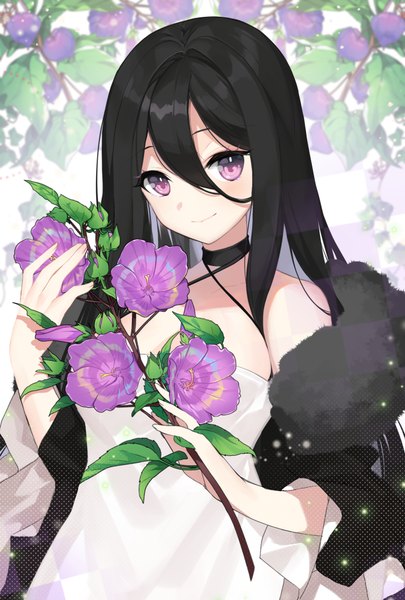 Anime picture 700x1036 with original roh nam kyung single long hair tall image looking at viewer blush fringe breasts black hair smile hair between eyes standing purple eyes bare shoulders holding cleavage upper body off shoulder open jacket