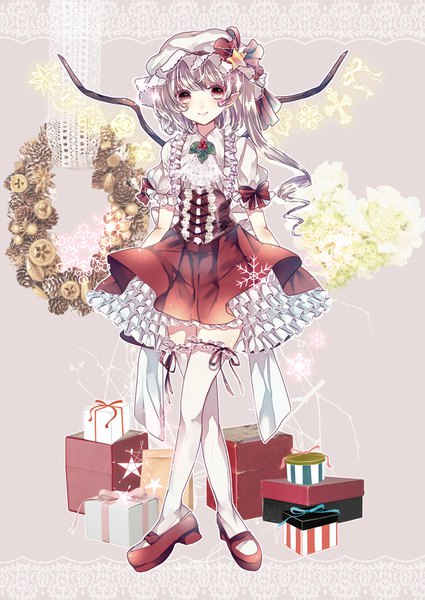 Anime picture 1254x1770 with touhou flandre scarlet ginzuki ringo single long hair tall image looking at viewer red eyes standing silver hair full body light smile pointy ears short sleeves zettai ryouiki puffy sleeves side ponytail adapted costume crossed legs (standing) alternate hair color