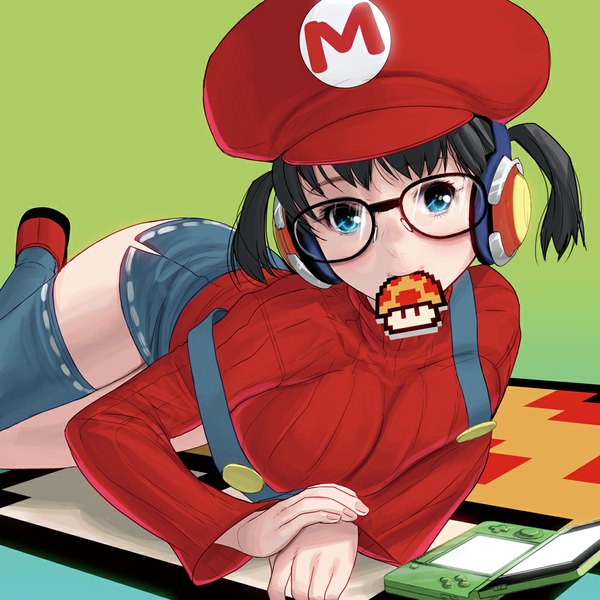 Anime picture 1000x1000 with super mario bros. nintendo mario masao single looking at viewer blush short hair breasts blue eyes black hair simple background large breasts twintails holding lying zettai ryouiki mouth hold short twintails green background