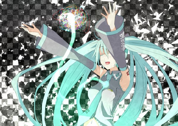 Anime picture 1753x1240 with vocaloid hatsune miku eguegu (artist) highres open mouth twintails eyes closed very long hair aqua hair arms up checkered background girl detached sleeves necktie