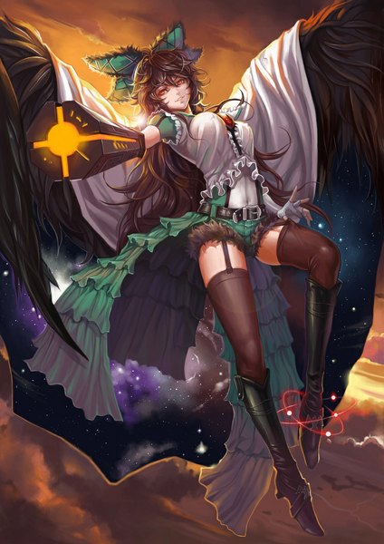 Anime picture 744x1053 with touhou reiuji utsuho dantewontdie single long hair tall image smile brown hair sky cloud (clouds) orange eyes starry sky print arm cannon space print girl thighhighs dress bow weapon black thighhighs