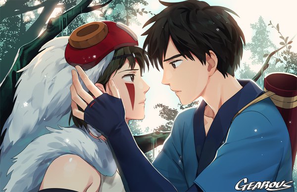 Anime picture 1200x776 with mononoke hime studio ghibli san ashitaka gearous fringe short hair black hair bare shoulders brown eyes sky upper body profile black eyes fur trim couple face to face face paint hand on another's face girl