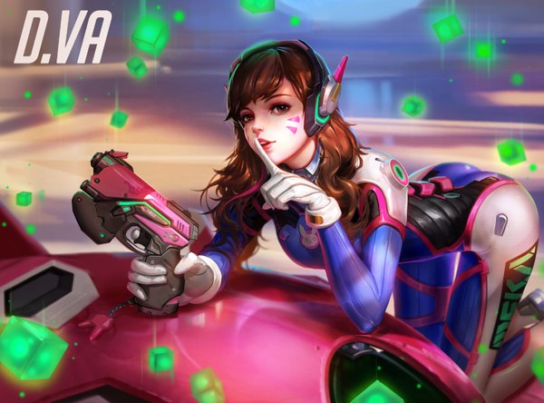 Anime picture 6000x4446 with overwatch blizzard entertainment d.va (overwatch) meka (overwatch) liang xing single long hair looking at viewer fringe highres light erotic brown hair brown eyes absurdres ass parted lips realistic character names lipstick facial mark