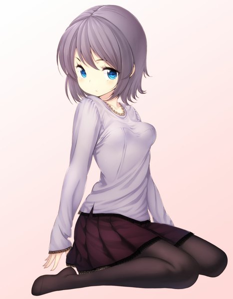 Anime picture 895x1150 with original zizi (zz22) single tall image looking at viewer short hair blue eyes simple background sitting grey hair wariza girl skirt miniskirt pantyhose blouse