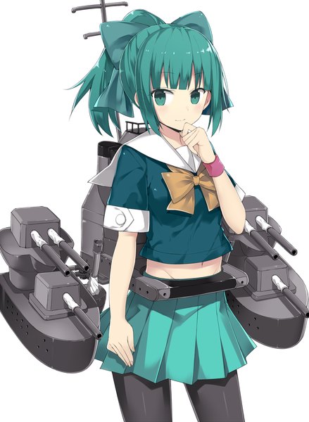 Anime picture 877x1200 with kantai collection yuubari light cruiser kuhotaka single long hair tall image blush simple background white background green eyes looking away ponytail green hair girl skirt navel bow weapon hair bow miniskirt