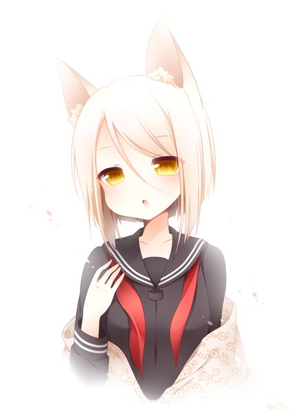 Anime picture 800x1120 with original sanotsuki single long hair tall image looking at viewer blush fringe open mouth simple background hair between eyes white background signed animal ears yellow eyes upper body white hair cat ears cat girl floral print