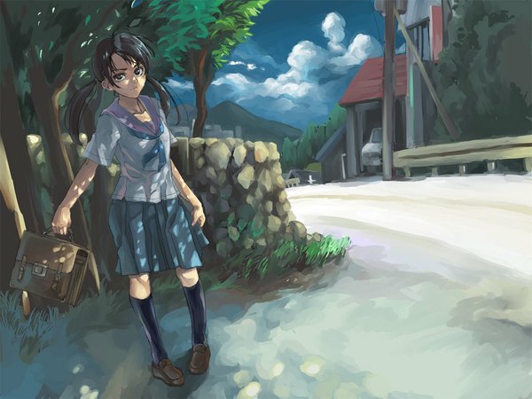 Anime picture 1040x780 with original kno1 black hair twintails brown eyes sky cloud (clouds) mountain uniform plant (plants) school uniform tree (trees) bag school bag road