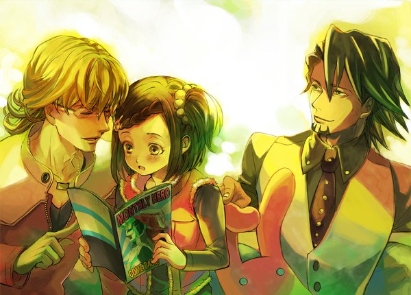 Anime picture 1163x835 with tiger & bunny sunrise (studio) kaburagi t. kotetsu barnaby brooks jr. kaburagi kaede emi (ennichi atelier) short hair open mouth blonde hair brown hair brown eyes eyes closed light smile girl boy hair ornament shirt glasses necktie jacket