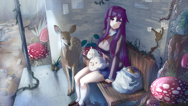 Anime picture 1920x1080 with doki doki literature club yuri (doki doki literature club) takuyarawr single long hair blush fringe highres open mouth hair between eyes wide image sitting purple eyes signed looking away purple hair bent knee (knees) outdoors long sleeves head tilt