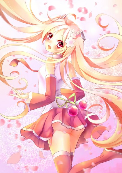 Anime picture 574x811 with vocaloid hatsune miku sakura miku maronie. single tall image blush open mouth light erotic blonde hair smile bent knee (knees) very long hair :d pleated skirt pink eyes looking back girl skirt detached sleeves