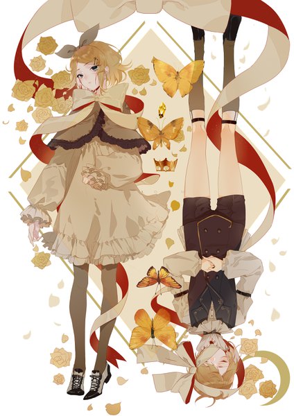 Anime-Bild 2480x3507 mit vocaloid kagamine rin kagamine len zhibuji loom tall image highres short hair blue eyes blonde hair full body eyes closed head tilt siblings hands clasped twins upside down brother and sister rotational symmetry girl dress