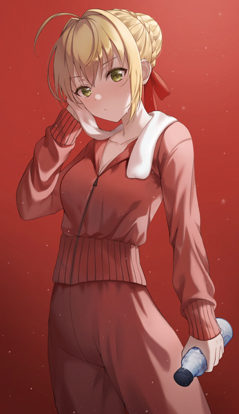 Anime picture 1714x2967 with fate (series) fate/extra nero claudius (fate) (all) nero claudius (fate) yeorem single tall image blush fringe highres short hair simple background blonde hair hair between eyes standing green eyes payot ahoge long sleeves head tilt