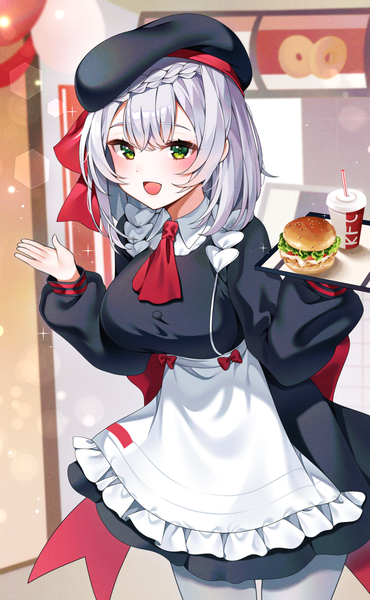 Anime picture 1265x2052 with genshin impact kfc (company) noelle (genshin impact) noelle (kfc) (genshin impact) reel (riru) single long hair tall image looking at viewer blush fringe breasts open mouth smile standing green eyes silver hair long sleeves :d maid