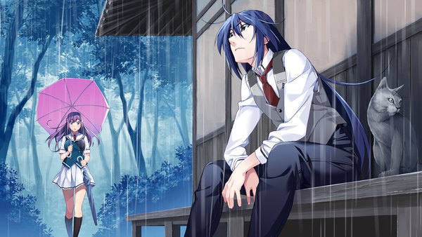 Anime picture 2560x1440 with grisaia phantom trigger fukami rena aoi haruto watanabe akio long hair looking at viewer blush fringe highres open mouth blue eyes hair between eyes wide image standing sitting holding payot looking away game cg purple hair