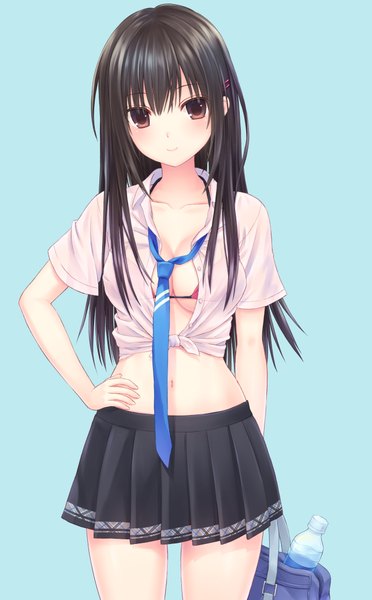 Anime picture 1288x2075 with original n.g. single long hair tall image looking at viewer blush light erotic black hair simple background brown eyes cleavage pleated skirt light smile open clothes open shirt hand on hip aqua background girl skirt