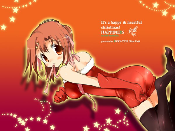 Anime picture 1024x768 with happiness kamisaka haruhi light erotic christmas thighhighs ribbon (ribbons)