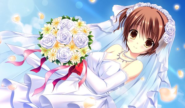 Anime picture 1024x600 with da capo iii hinomoto aoi takano yuki (allegro mistic) single looking at viewer blush short hair smile brown hair wide image brown eyes game cg one side up wedding girl dress gloves flower (flowers) petals elbow gloves