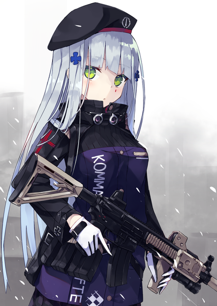 Anime picture 785x1108 with girls frontline hk416 (girls frontline) nagishiro mito single long hair tall image looking at viewer blush fringe breasts standing holding green eyes silver hair blunt bangs long sleeves parted lips facial mark girl gloves