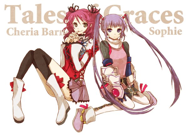 Anime picture 1200x865 with tales of (series) tales of graces sophie (tales) cheria barnes buzz long hair short hair simple background smile white background sitting purple eyes twintails multiple girls brown eyes pink hair purple hair inscription copyright name character names