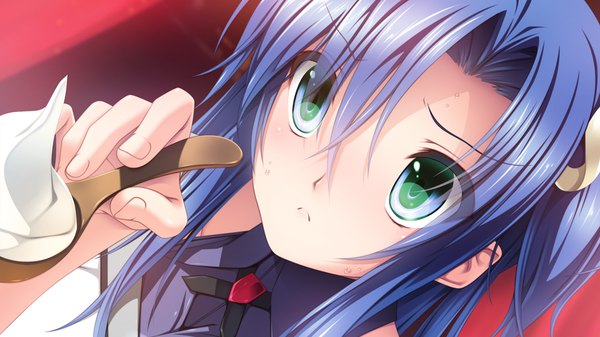 Anime picture 1280x720 with racial merge senomoto hisashi single long hair looking at viewer wide image green eyes blue hair game cg girl cream