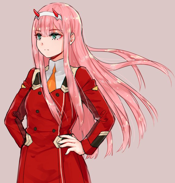 Anime picture 1832x1916 with darling in the franxx studio trigger zero two (darling in the franxx) akitannn single long hair tall image fringe highres simple background standing green eyes payot looking away pink hair upper body blunt bangs horn (horns) floating hair brown background