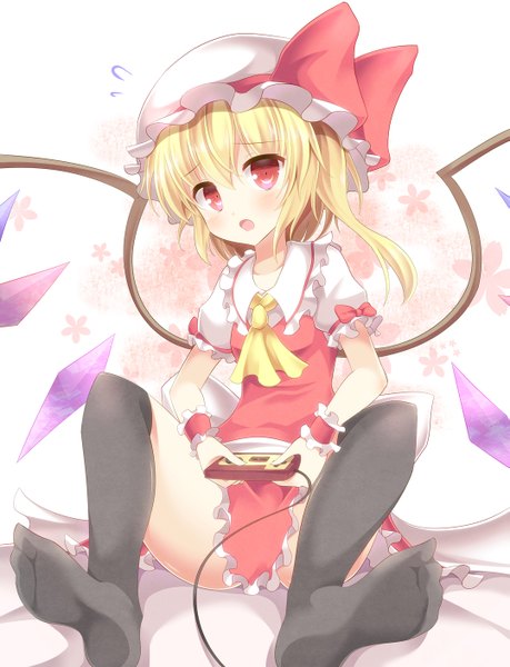 Anime picture 1077x1406 with touhou flandre scarlet aibumi single tall image blush short hair open mouth light erotic blonde hair red eyes legs girl thighhighs dress black thighhighs wings bonnet crystal