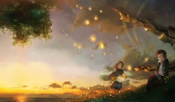 Anime picture 2398x1400 with original noboundary (artist) highres smile brown hair wide image multiple girls sky cloud (clouds) braid (braids) evening sunset landscape scenic girl skirt 2 girls plant (plants) tree (trees) lantern