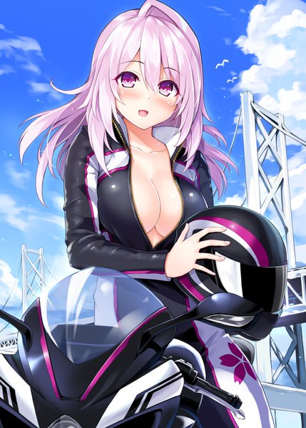 Anime picture 715x1000 with cu-no yayoi sakura hisenkaede single long hair tall image looking at viewer blush fringe breasts open mouth light erotic hair between eyes large breasts pink hair sky cloud (clouds) pink eyes no bra unzipped