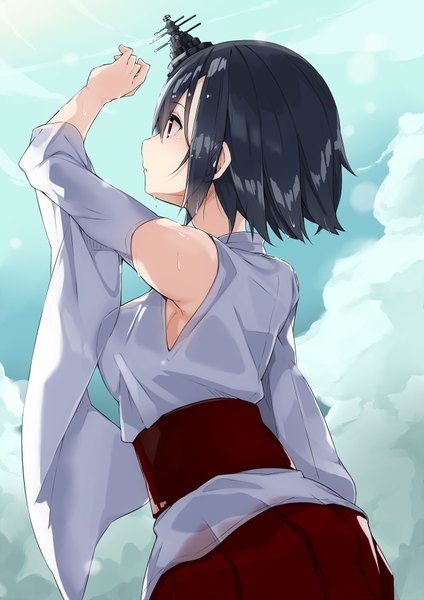 Anime picture 600x848 with kantai collection yamashiro battleship akiha (attract) single tall image blush fringe short hair breasts black hair simple background red eyes large breasts sky cloud (clouds) traditional clothes japanese clothes pleated skirt arm up armpit (armpits)