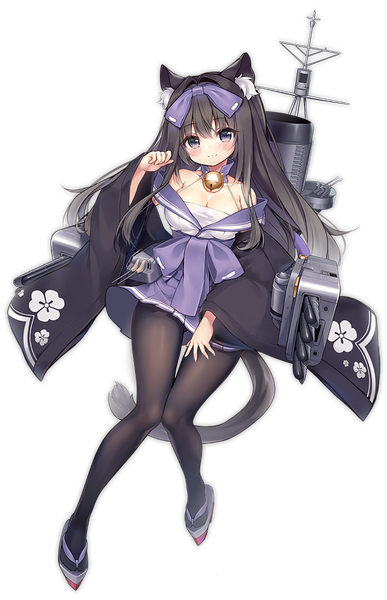 Anime picture 663x1026 with azur lane arashio (azur lane) yoi (sukie1314) single long hair tall image black hair purple eyes animal ears full body tail animal tail pleated skirt cat ears off shoulder official art cat girl cat tail transparent background :3