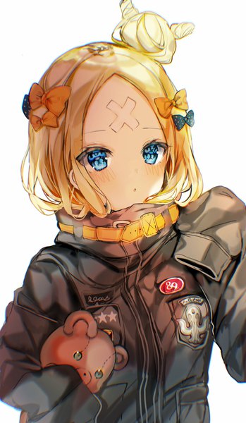 Anime picture 1194x2048 with fate (series) fate/grand order abigail williams (fate) cruz single long hair tall image looking at viewer blush blue eyes simple background blonde hair white background upper body long sleeves hair bun (hair buns) hands in sleeves heroic spirit traveling outfit girl bow