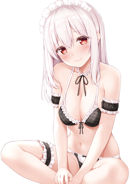 Anime picture 2508x3541 with original tisshu (karutamo) karutamo single long hair tall image looking at viewer blush fringe highres breasts light erotic simple background smile hair between eyes red eyes large breasts white background sitting bare shoulders